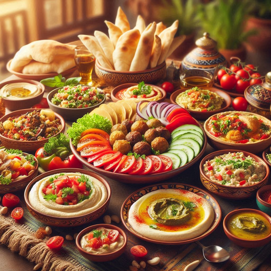 A vibrant and colorful Syrian food spread on a traditional Syrian table. The table is filled with various dishes including kibbeh, fattoush, hummus, baba ghanoush, and fresh pita bread. The setting is warm and inviting, showcasing the rich culture and hospitality of Syrian cuisine.